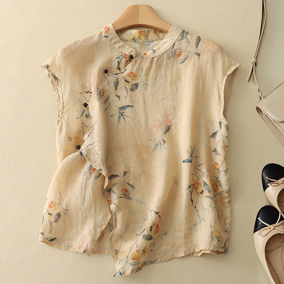 Women's Sleeveless Linen Blouse – Mandarin Collar Summer Top