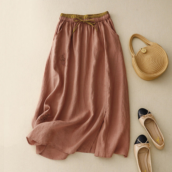 Women's Embroidered Linen Skirt – Elasticated Waist Summer Skirt