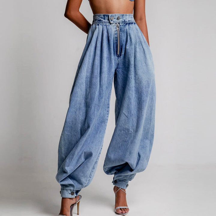 Women's Denim Harem Trousers – High Waist Pleated Balloon Fit