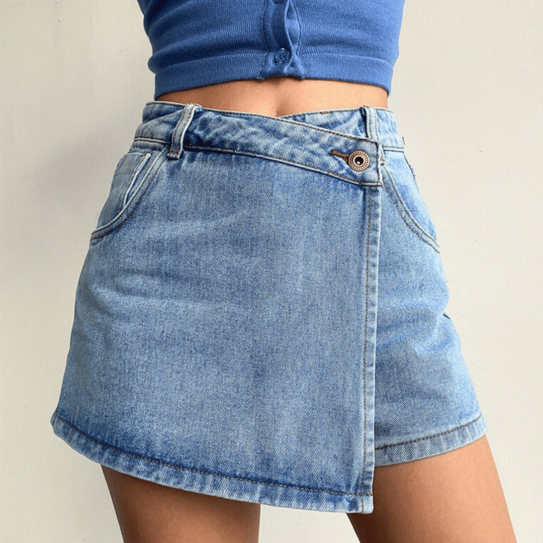 Women's Denim Skort – High-Waist A-Line with Button Detail