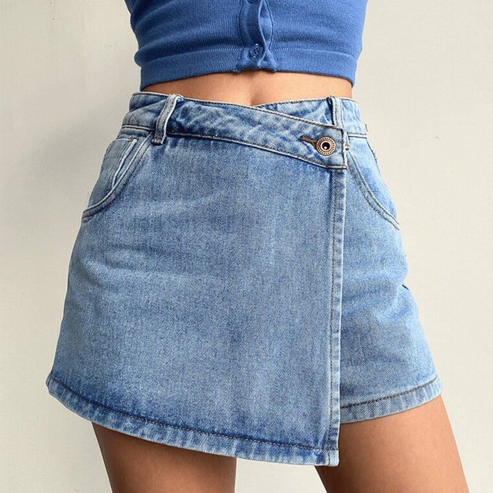 Women's Denim Skort – High-Waist A-Line with Button Detail