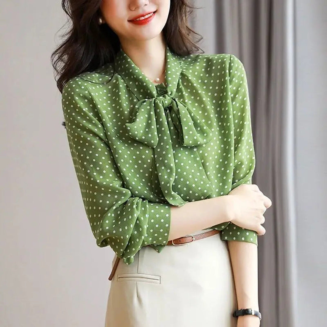 Women's Polka Dot Bow Blouse – Lightweight Shawl Collar Top