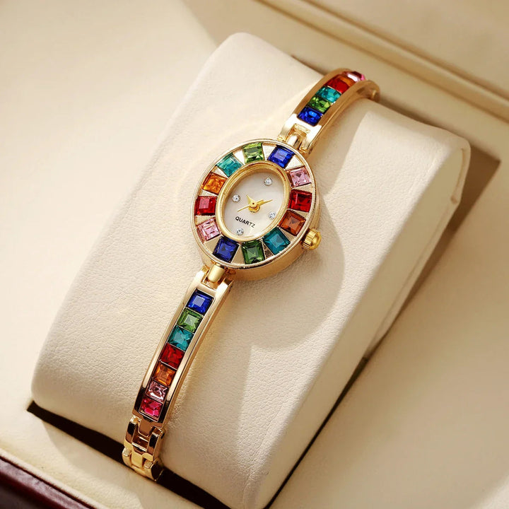 "Women's Gold-Tone Crystal Watch – Rainbow Gems, Slim Oval Dial"