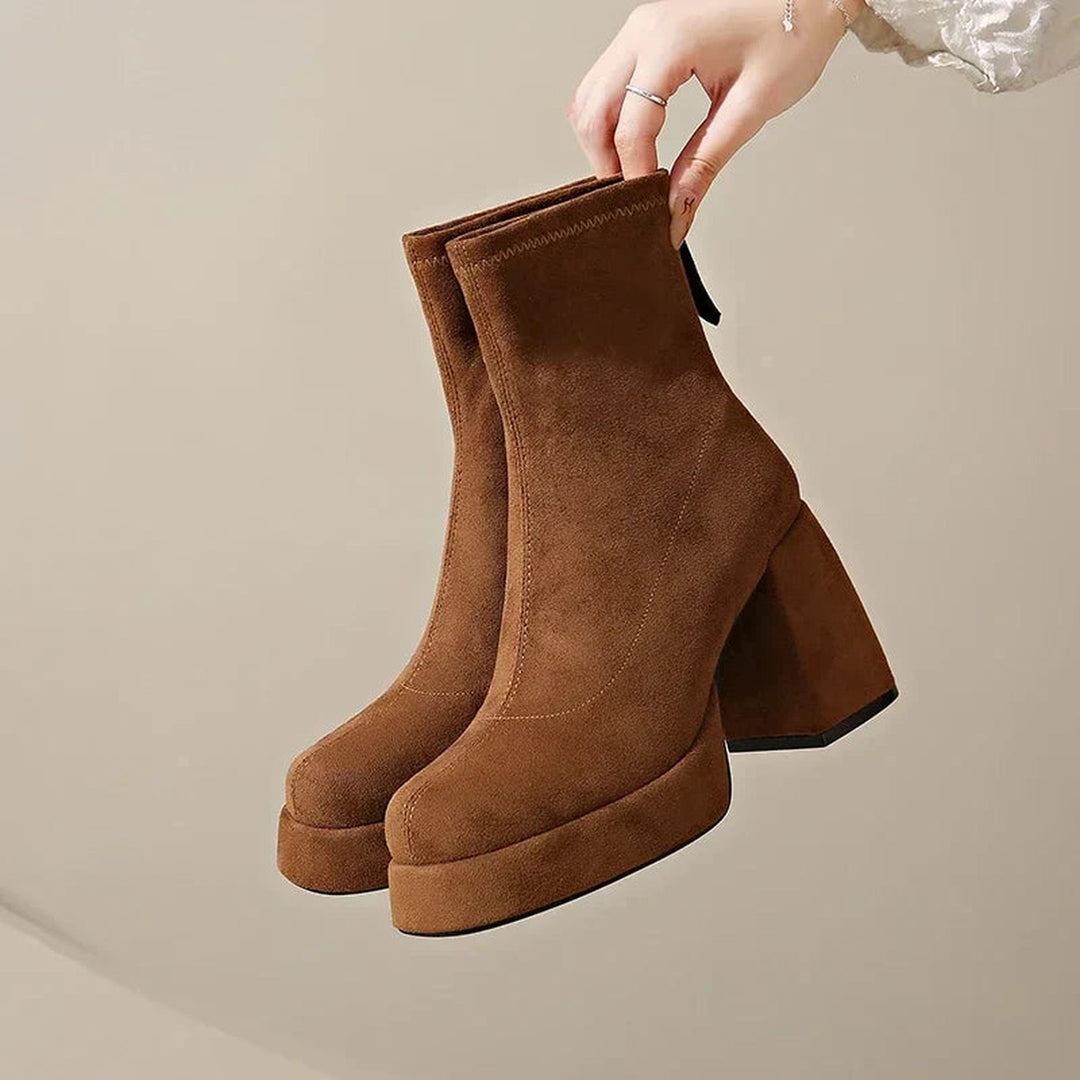 "Women's Suede Heeled Ankle Booties – Block Heel, Back Zip"