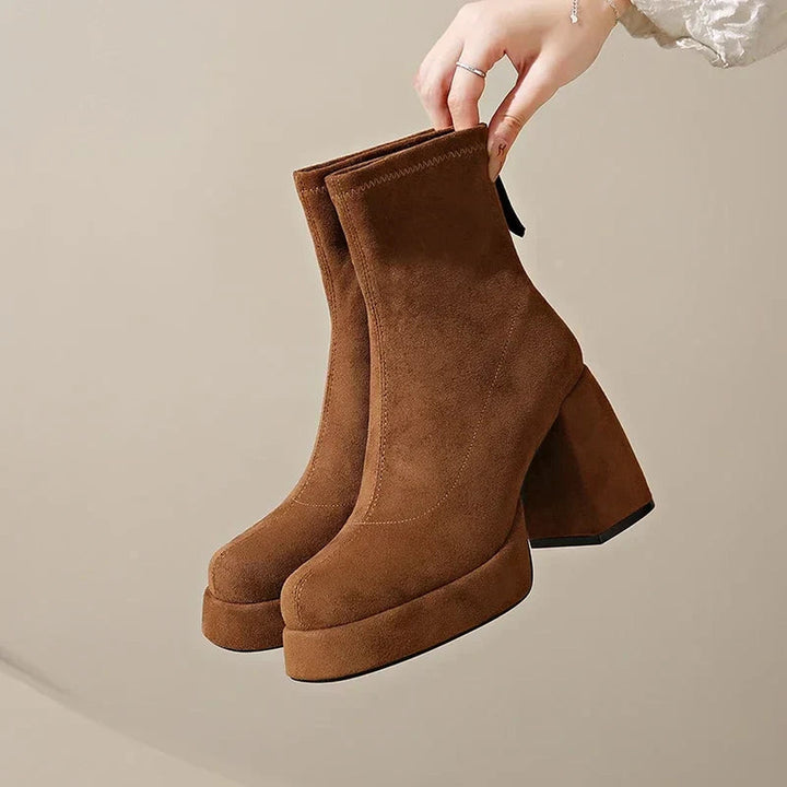 "Women's Suede Heeled Ankle Booties – Block Heel, Back Zip"