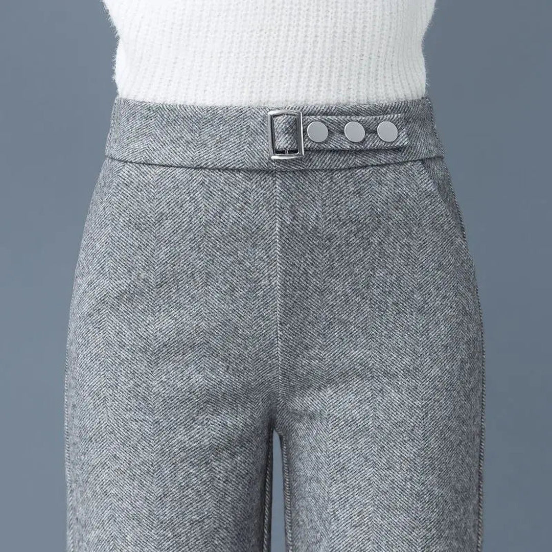 Women's Herringbone Tailored Trousers – High-Waist with Belt