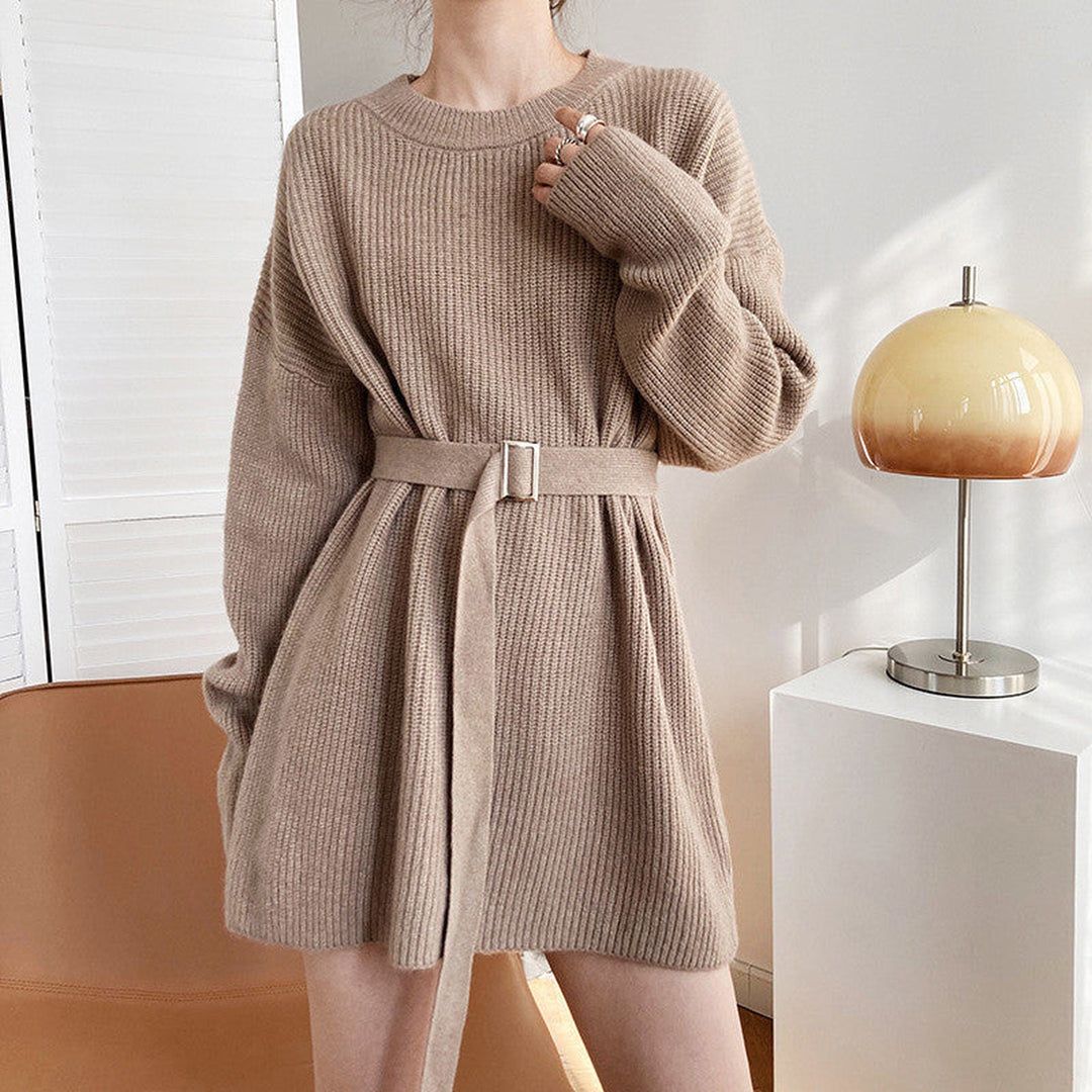 Women's Aspen Ribbed Knit Dress – Belted Long Sleeve Jumper Dress