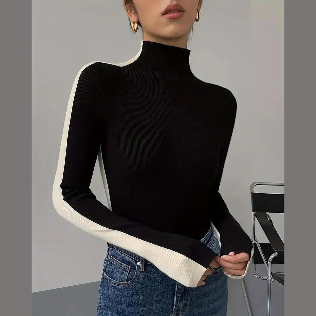 Women's Ribbed Knit Top with High Neck – Colour-Block Design