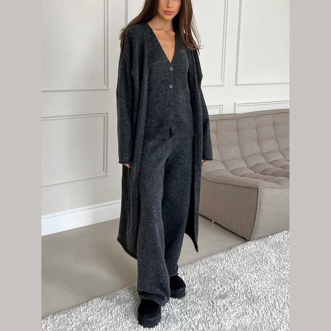 Women's Three-Piece Knit Set – Cardigan– Shirt & Trousers