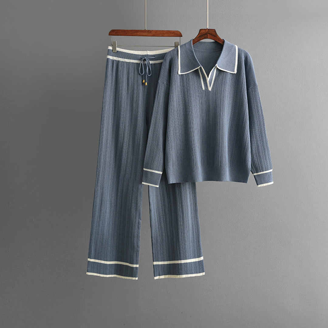 Women's Knit Lounge Set – Lapel Jumper & Wide-Leg Trousers