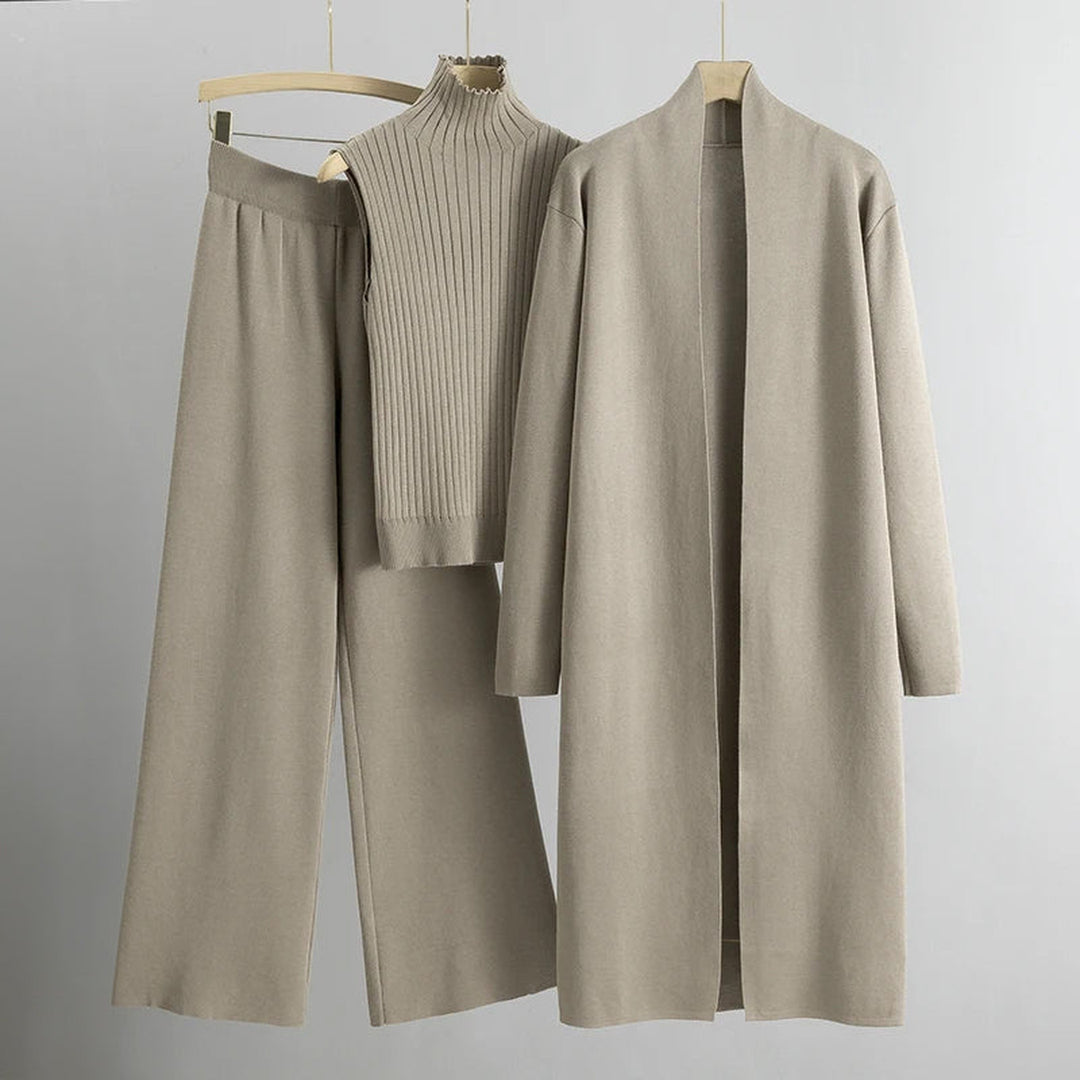 Women's Three-Piece Knitted Co-ord – Cardigan & Wide Trousers