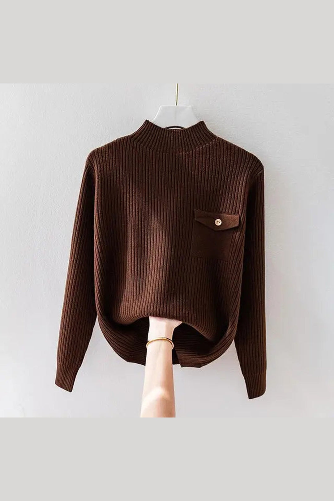 Women's Ribbed Knit Jumper – Mock Neck with Button Detail