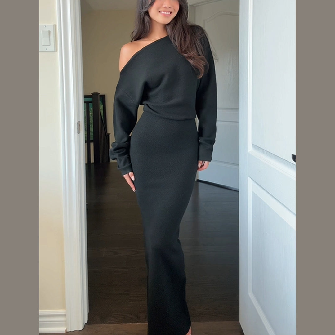 Women's One-Shoulder Long Sleeve Dress – Elegant Evening Wear