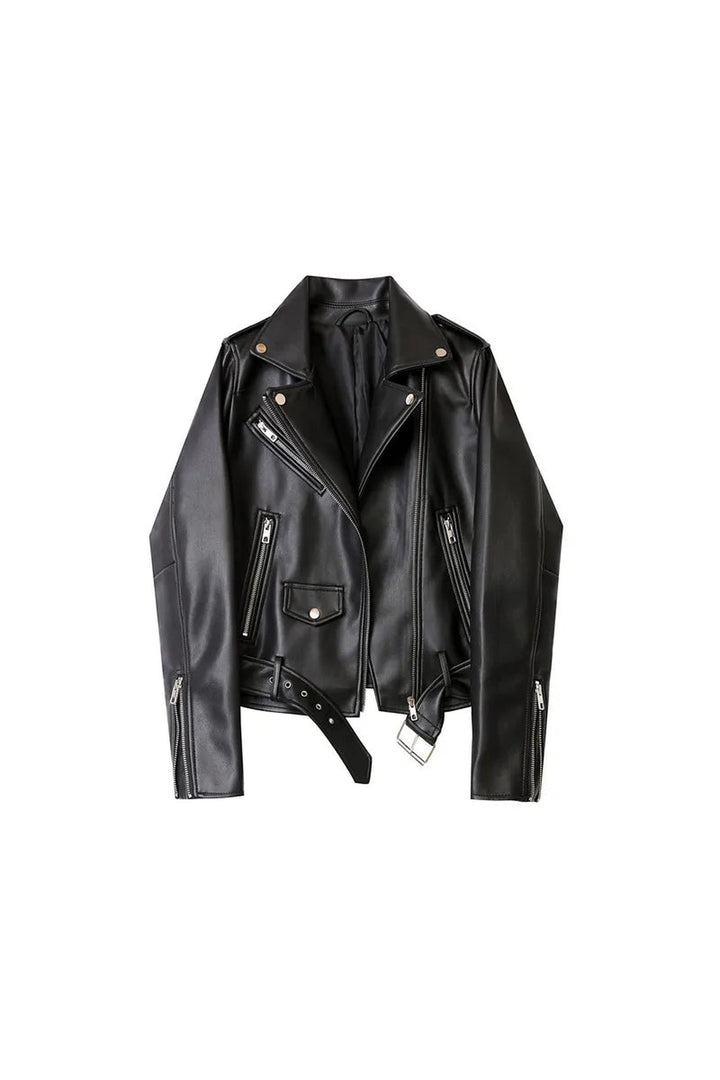 Women's Faux Leather Moto Jacket – Biker Style with Zipped Cuffs