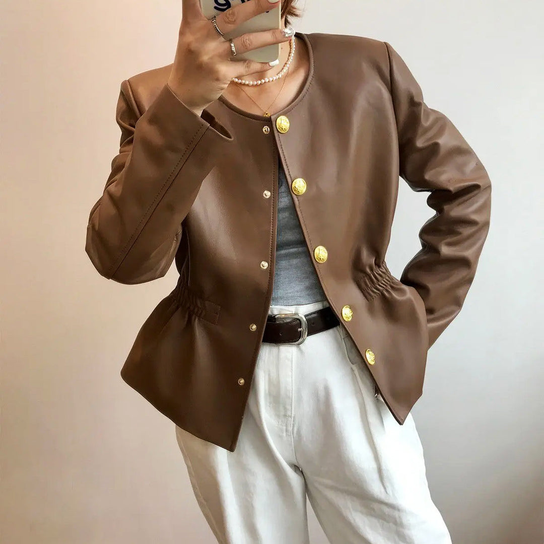 Women's Leather Jacket with Gold Buttons – Structured Collar