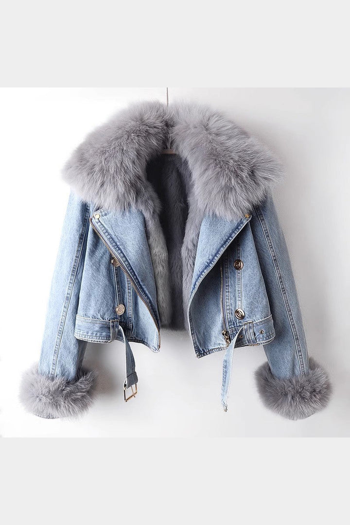 Women's Denim Jacket with Faux Fur Collar – Cropped Trucker