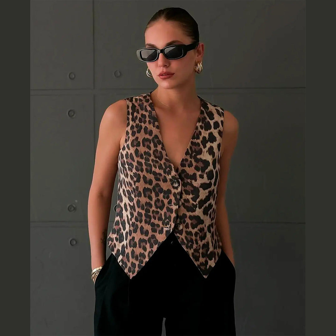 Women's Leopard Print Waistcoat Vest – Tailored Polyester Mix