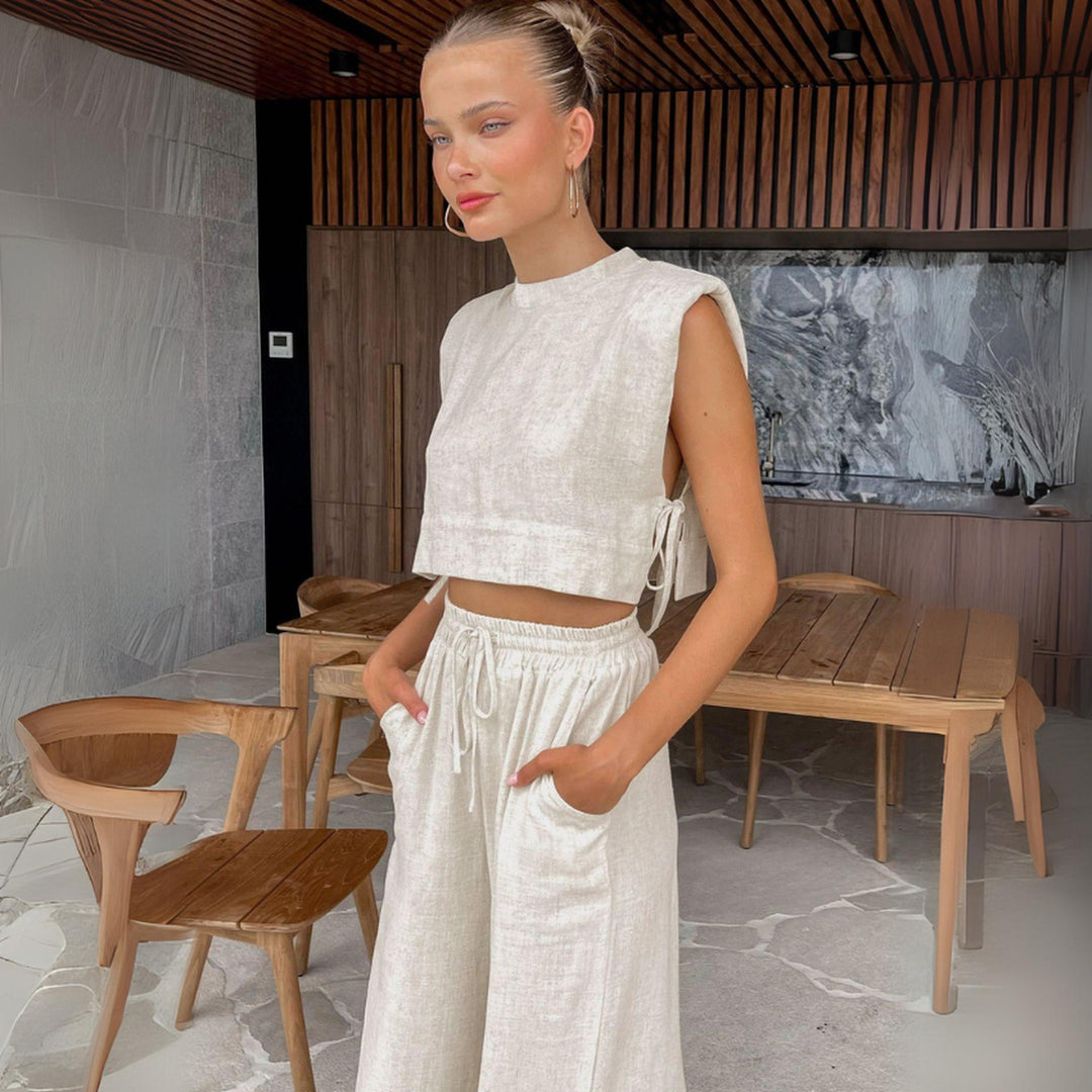 Women's Linen Twin Set – Cropped Top & Wide-Leg Trousers