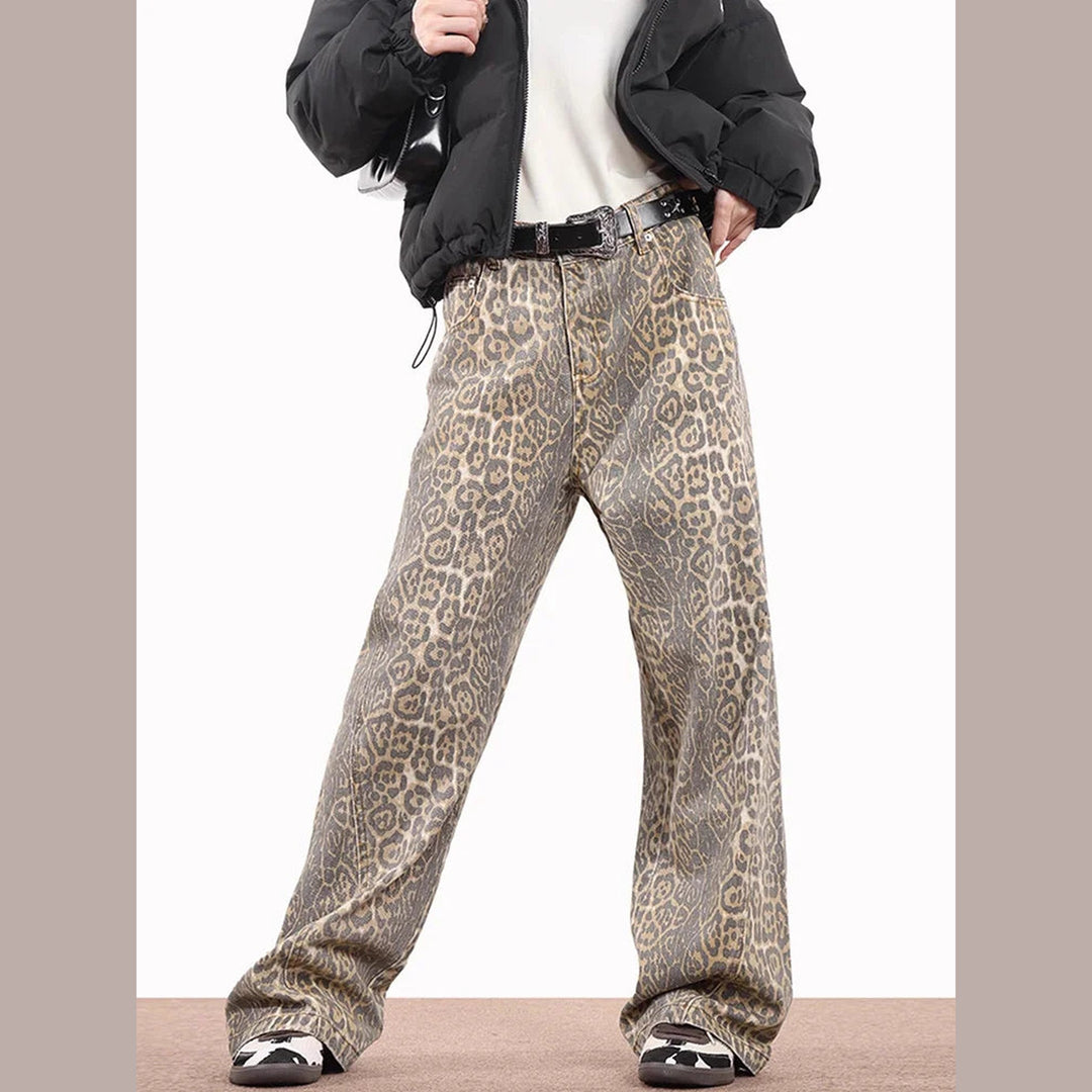 Women's Leopard Print Baggy Jeans – Relaxed Wide-Leg Denim