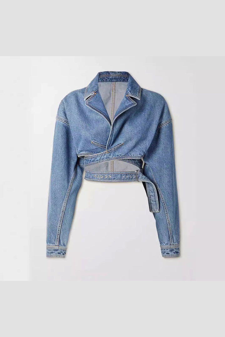 Women's Emilia Cropped Denim Jacket – Soft Blue Cutwork Detail