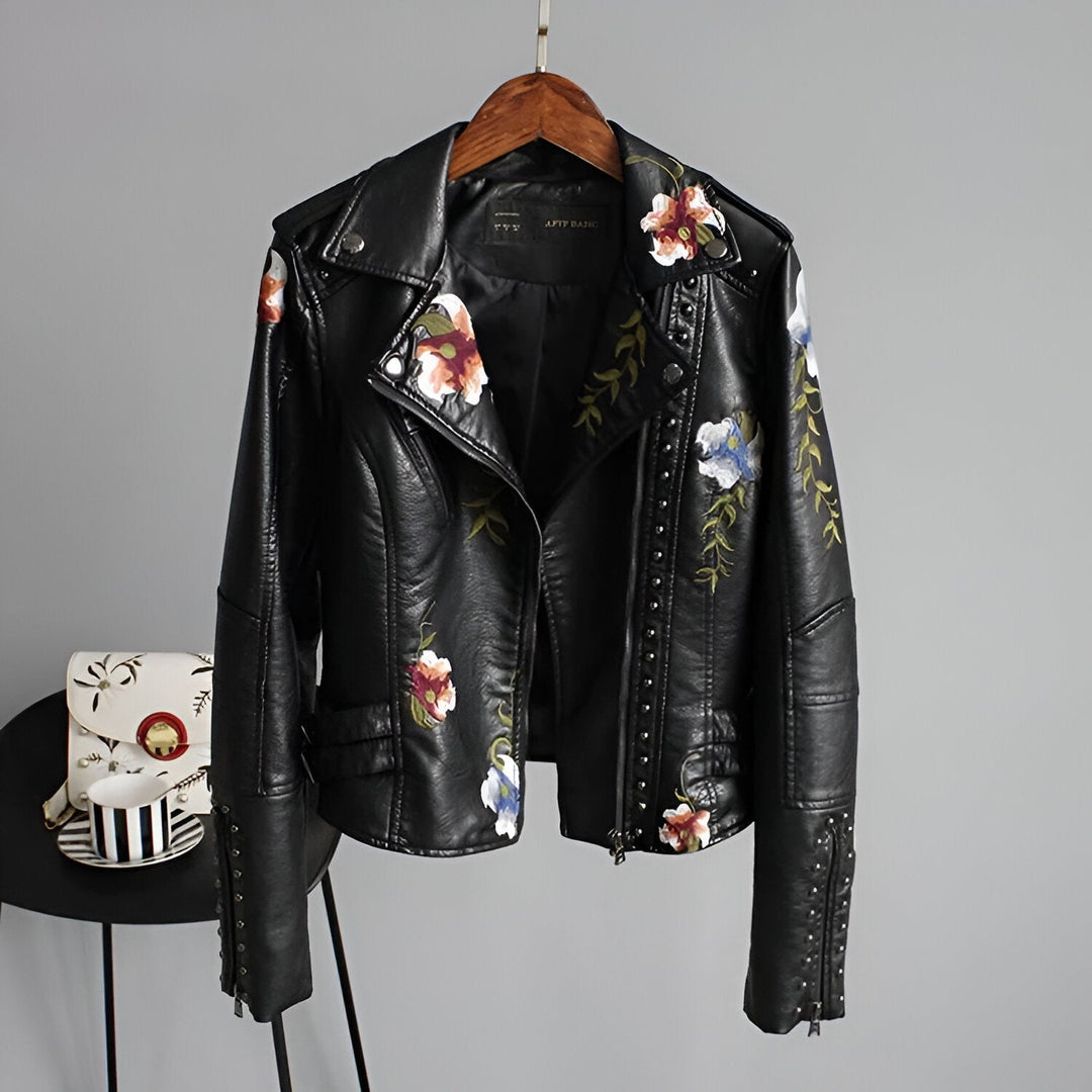 Women's Studded Vegan Leather Biker Jacket – Floral Embroidery