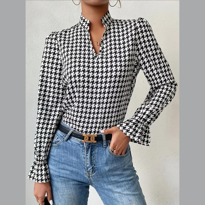 Women's Houndstooth Blouse – Notch Neck Ruffle Lantern Sleeves