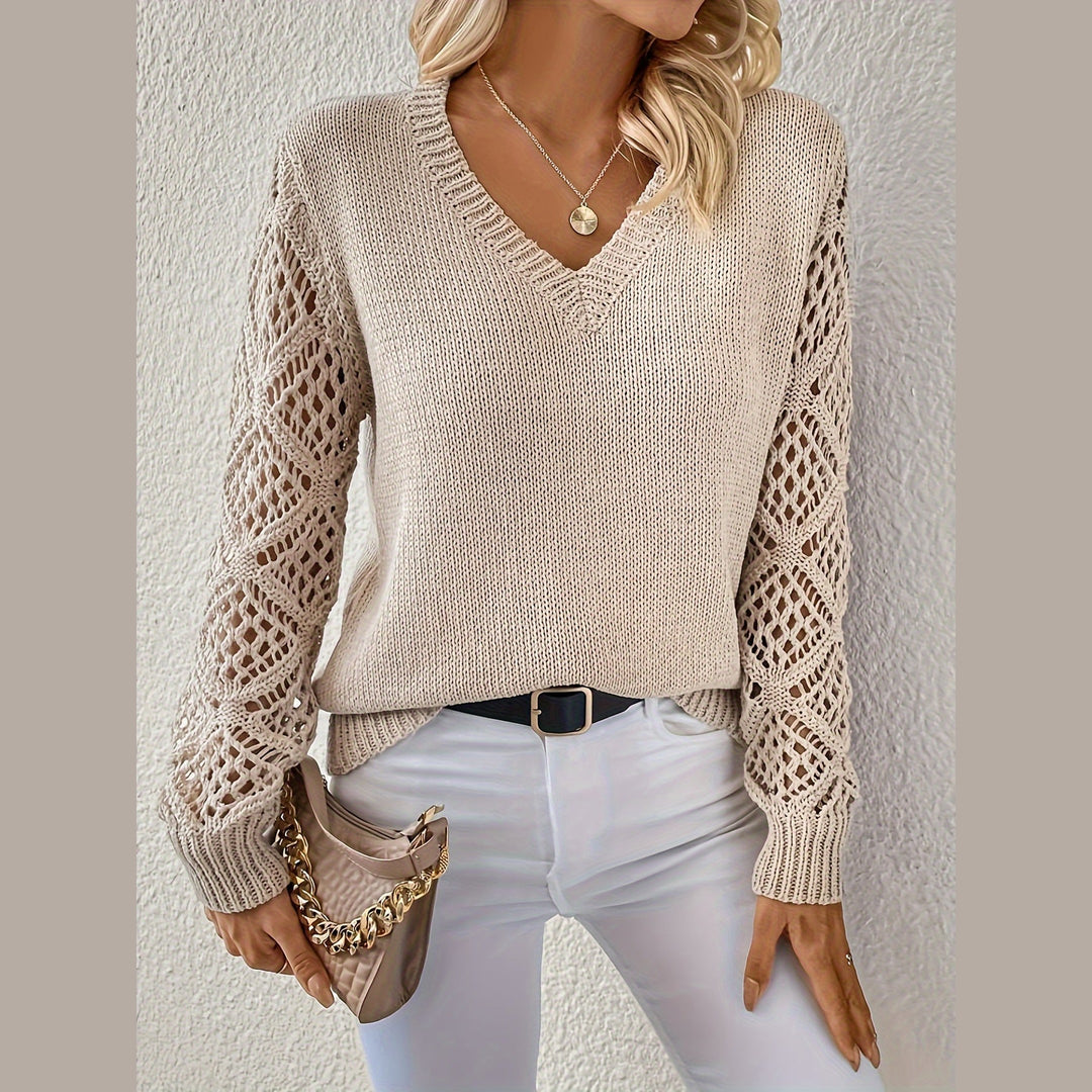 Women's V-Neck Open Knit Jumper – Long Sleeve Pullover