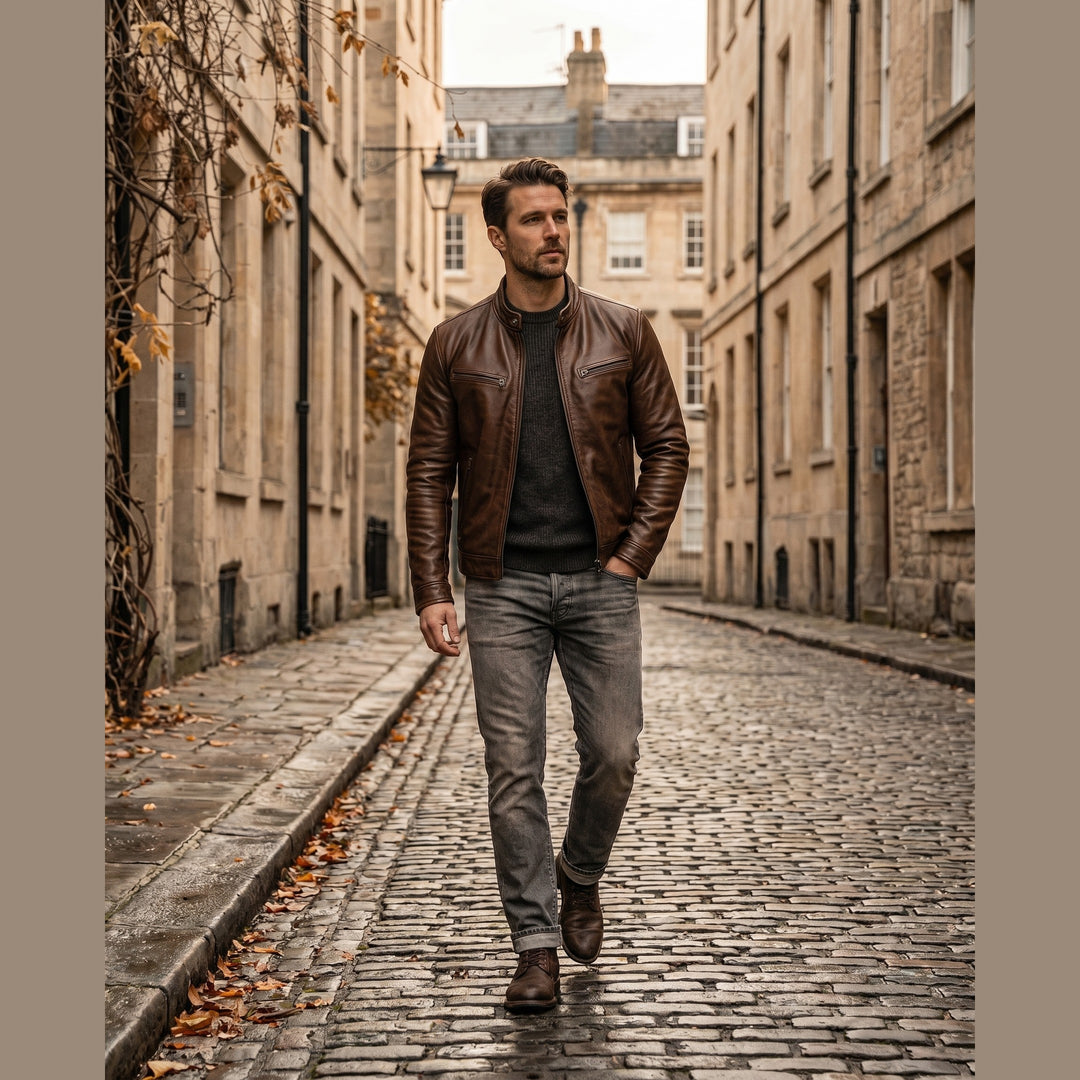 Man wearing the California jacket walking a city street