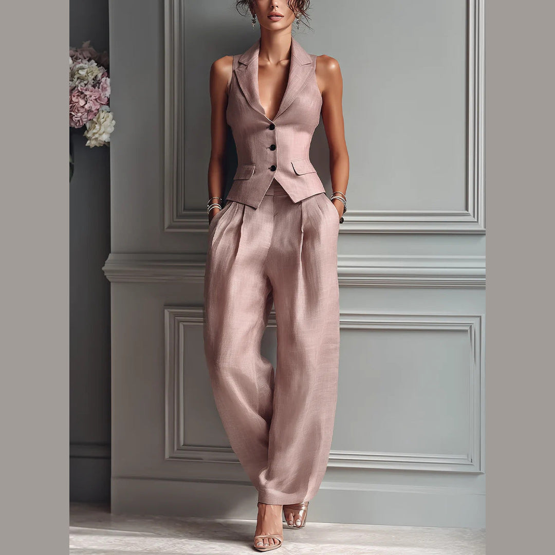 Women's Soft Tailored Two-Piece Trouser Set – V-Neck Co-ord
