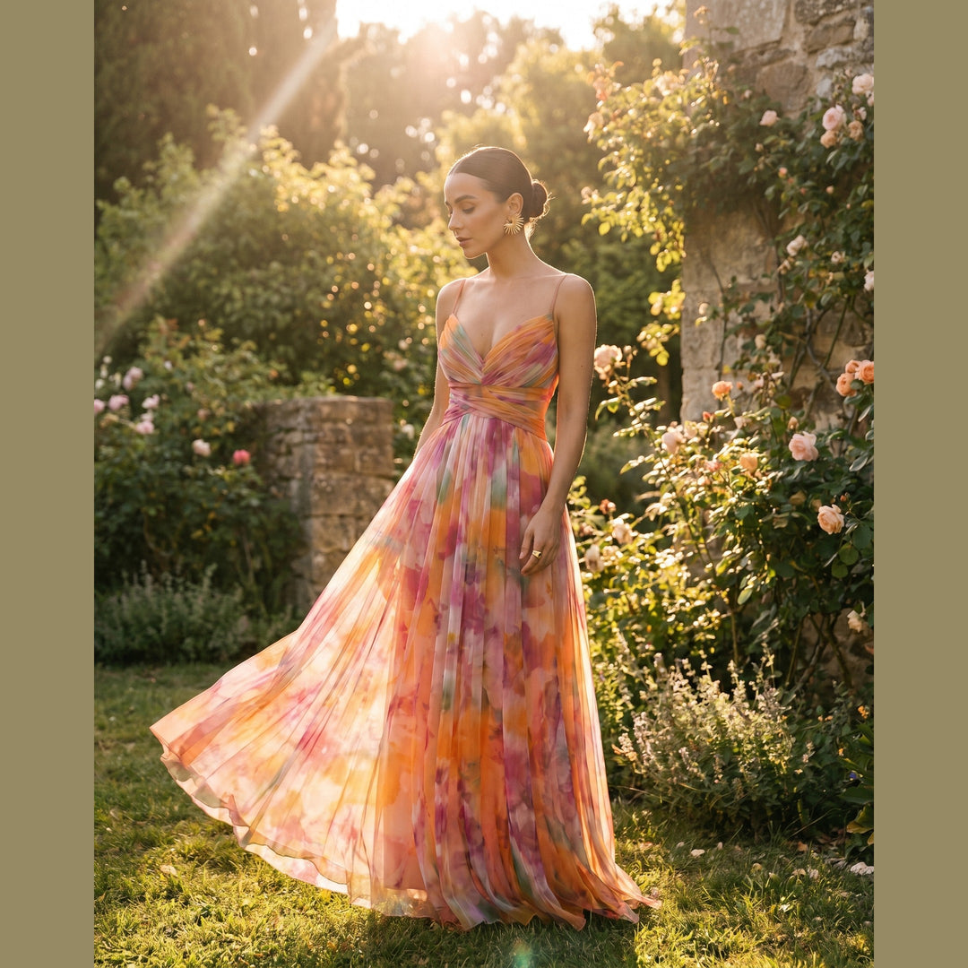 Woman wearing the Giselle floral maxi dress in a sunlit garden