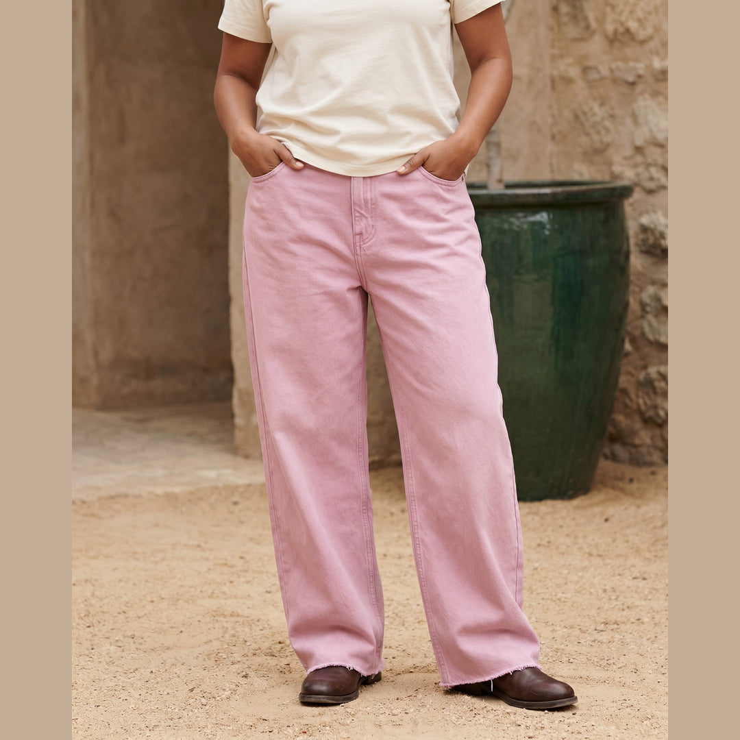 Aldridge & Hart pastel pink wide-leg baggy jeans, editorial hero