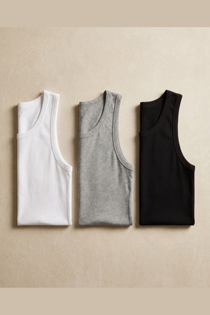 Fitted Cotton Vest 3-Pack - Black White Grey folded three-pack