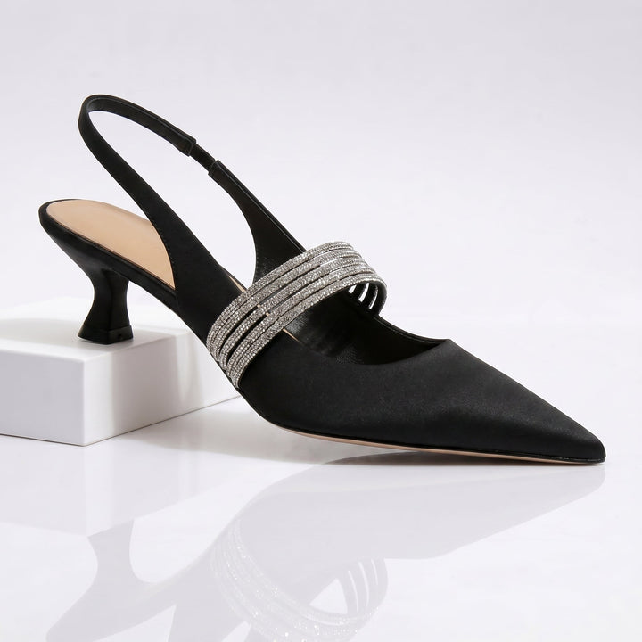 Women's Satin Rhinestone Kitten Heels - Elegant Day to Night