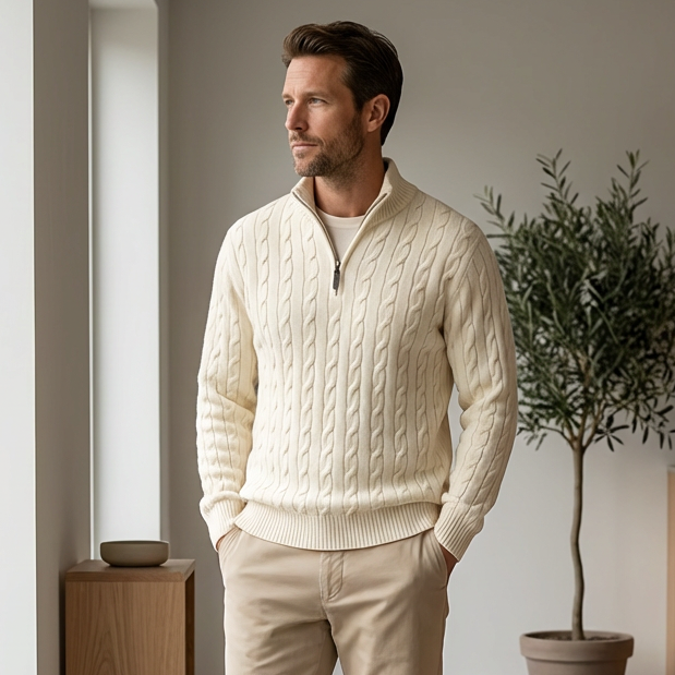 Men's Cable-Knit Half-Zip Jumper – Stand-Collar Sweater