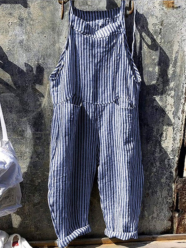 Women's Striped Linen and Cotton Overalls - Casual Everyday