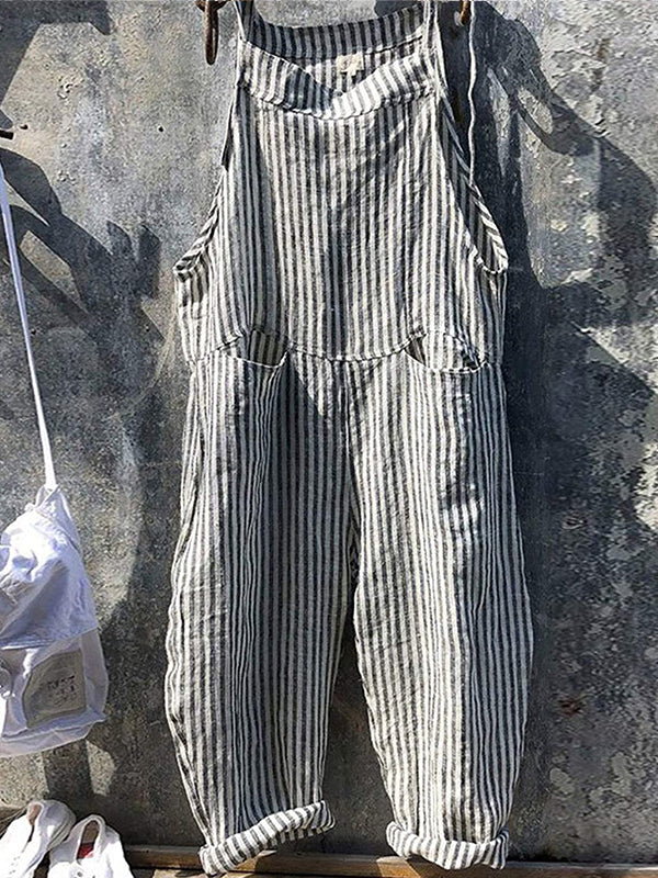 Women's Striped Linen and Cotton Overalls - Casual Everyday