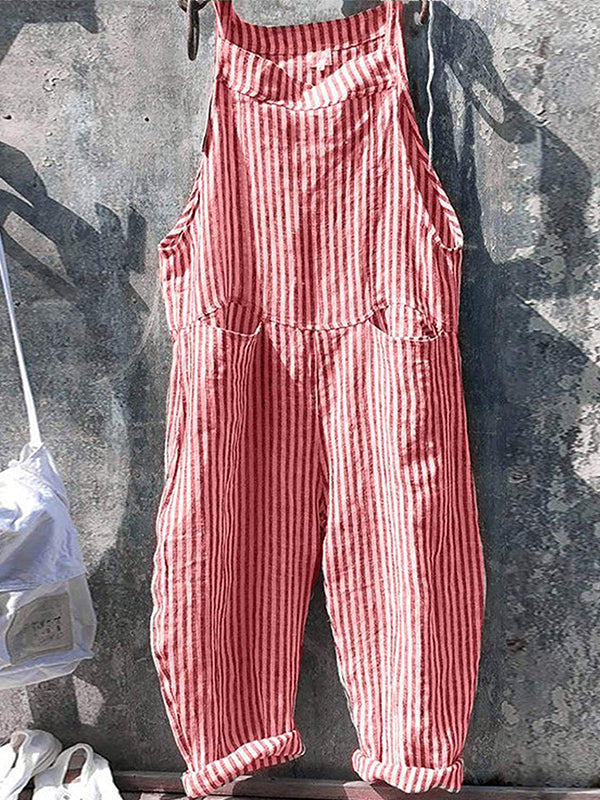 Women's Striped Linen and Cotton Overalls - Casual Everyday