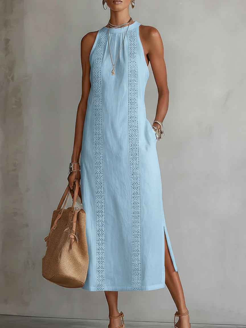 Women's Linen Mandarin Collar Midi Dress - Refined Elegance