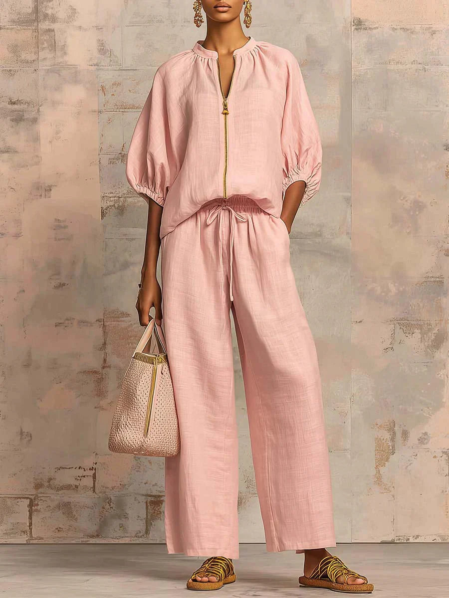 Women's Relaxed Button-Up Shirt & Wide-Leg Pants Set
