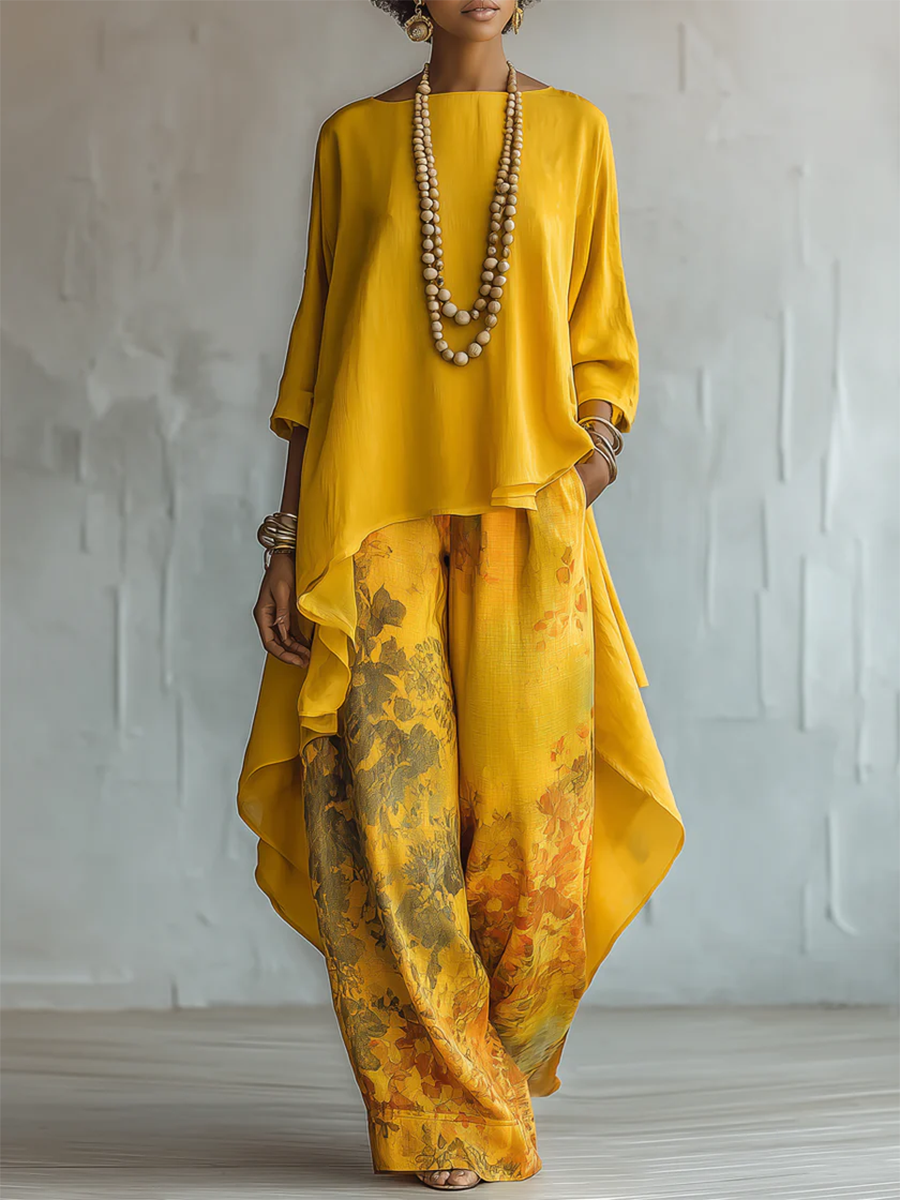 Women's Floral Print Cotton Blend Two-Piece Set - Artistic Elegance