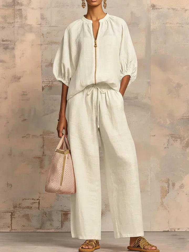 Women's Relaxed Button-Up Shirt & Wide-Leg Pants Set