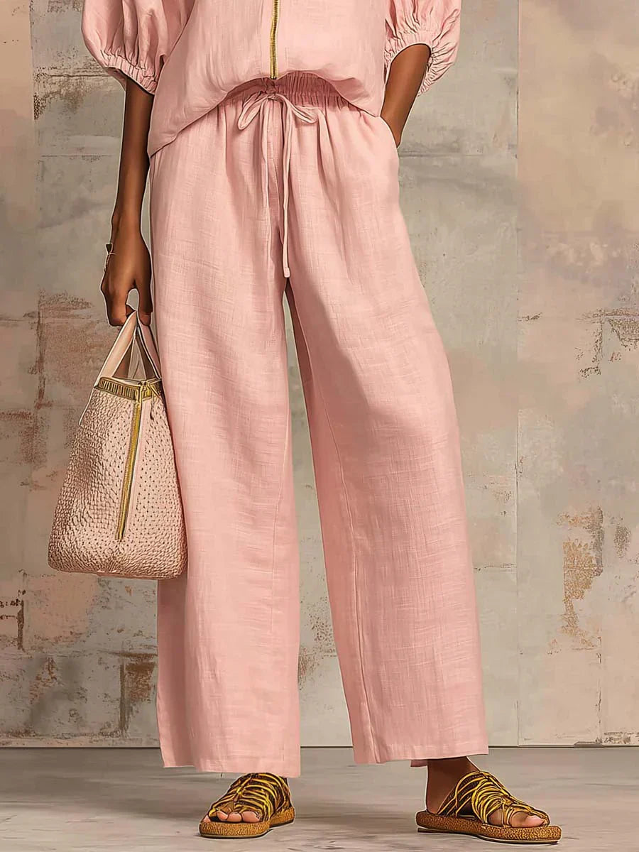 Women's Relaxed Button-Up Shirt & Wide-Leg Pants Set