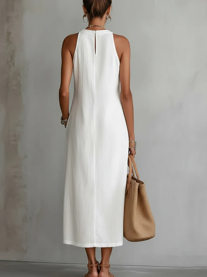 Women's Linen Mandarin Collar Midi Dress - Refined Elegance