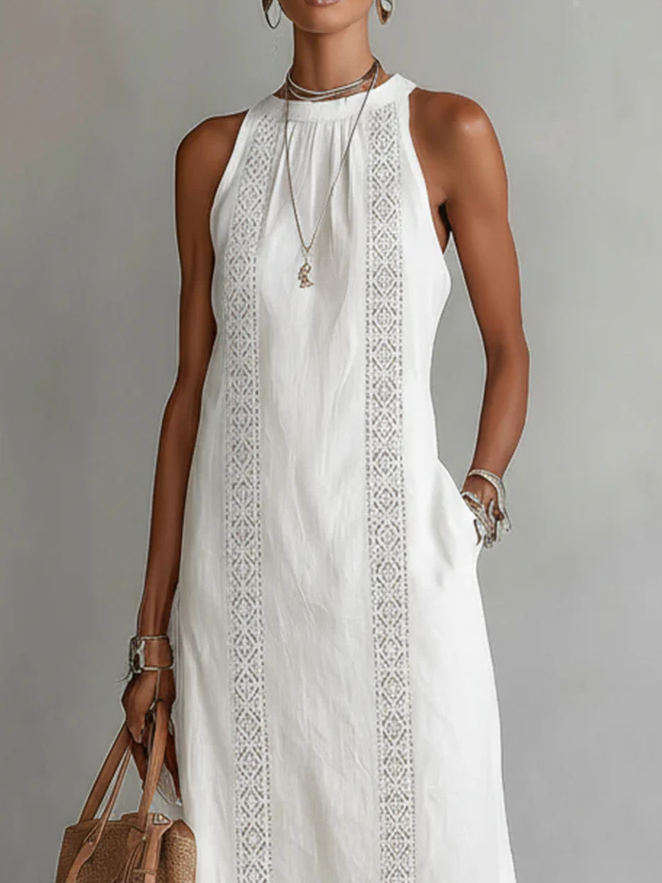 Women's Linen Mandarin Collar Midi Dress - Refined Elegance