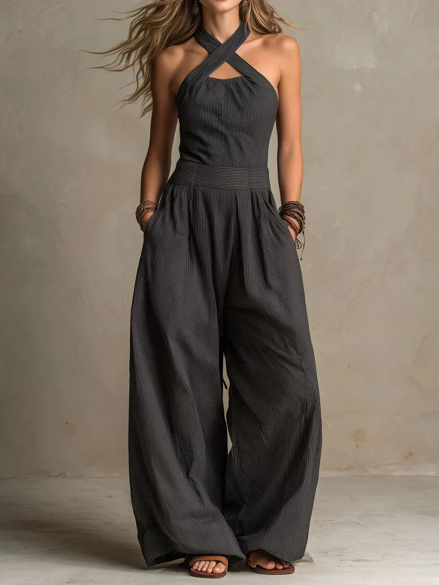 Women's Cotton-Linen Jumpsuit with Crossed Collar - Casual &