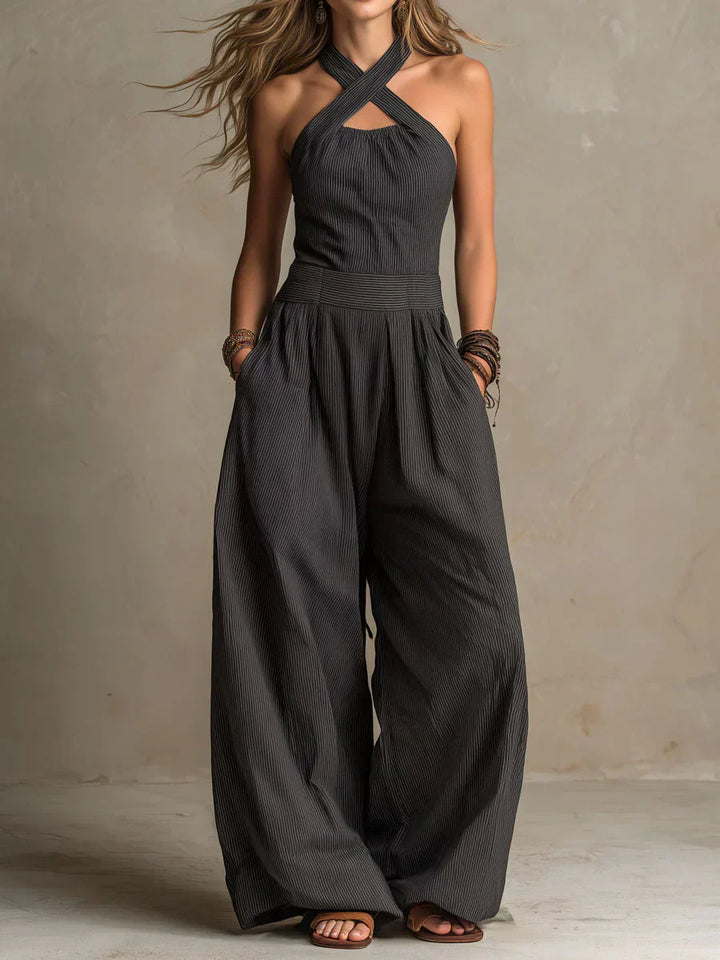 Women's Cotton-Linen Jumpsuit with Crossed Collar - Casual &