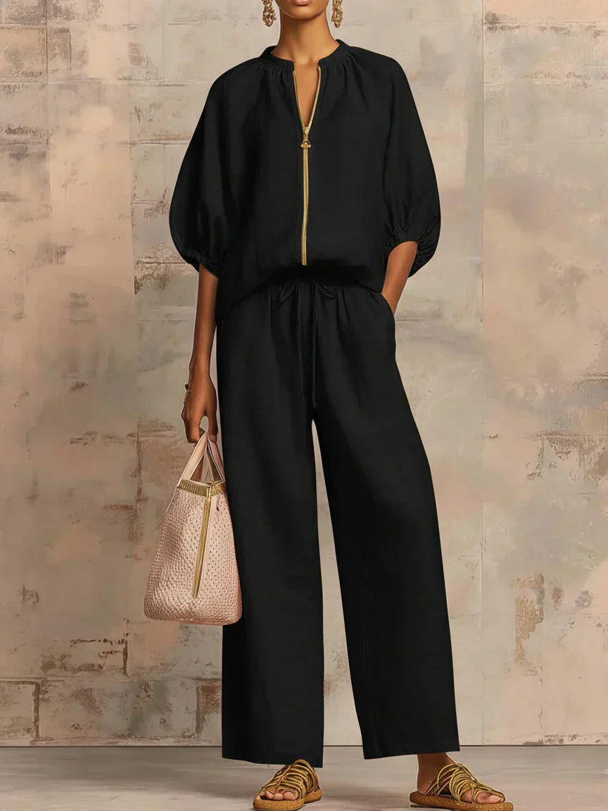 Women's Relaxed Button-Up Shirt & Wide-Leg Pants Set