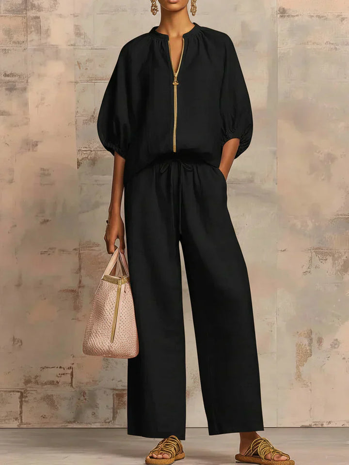 Women's Relaxed Button-Up Shirt & Wide-Leg Pants Set
