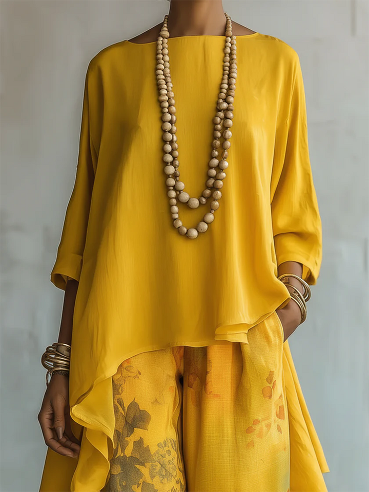 Women's Floral Print Cotton Blend Two-Piece Set - Artistic Elegance