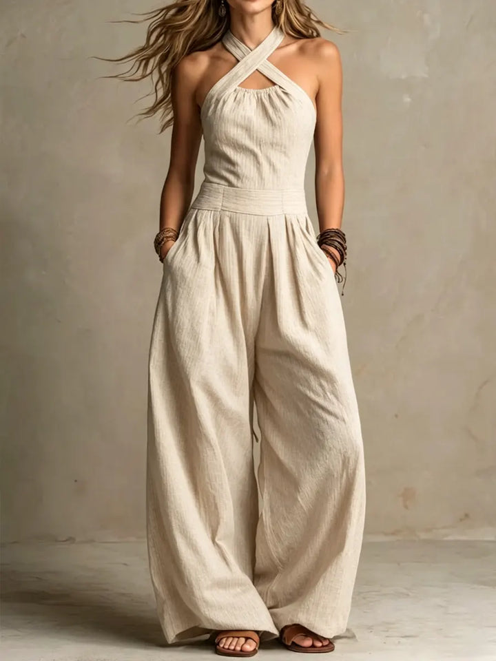 Women's Cotton-Linen Jumpsuit with Crossed Collar - Casual &